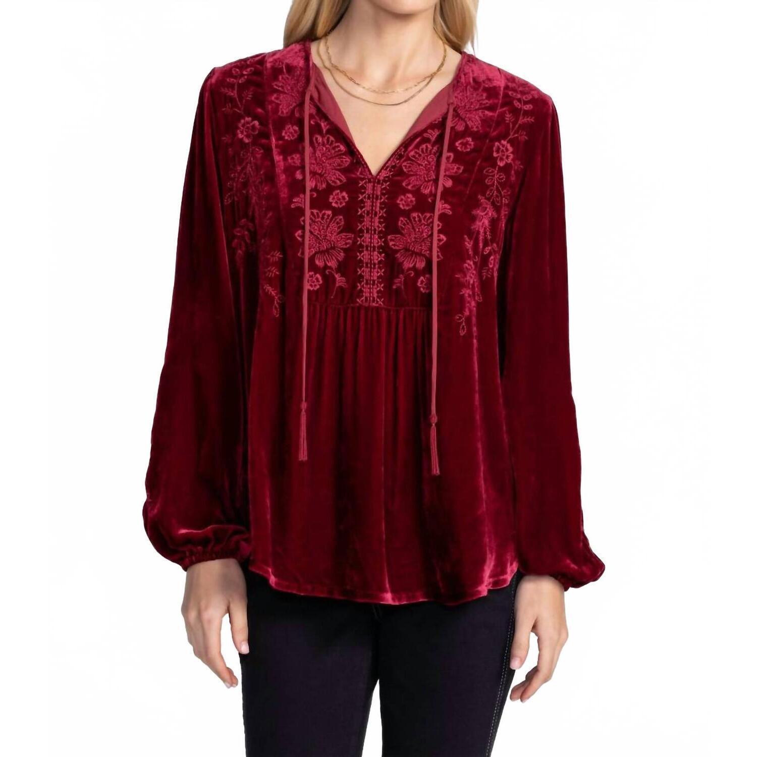 New Johnny Was Nyomi Curved Hem Prairie Blouse In Rich Red